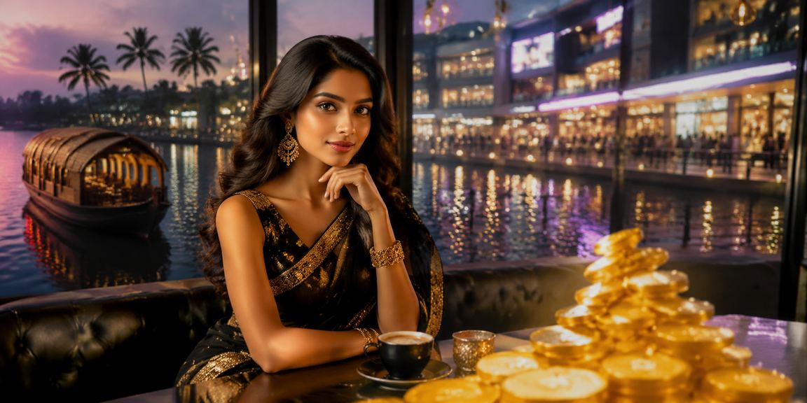 Scenic Kerala backwaters with VIP casino bonus neon sign
